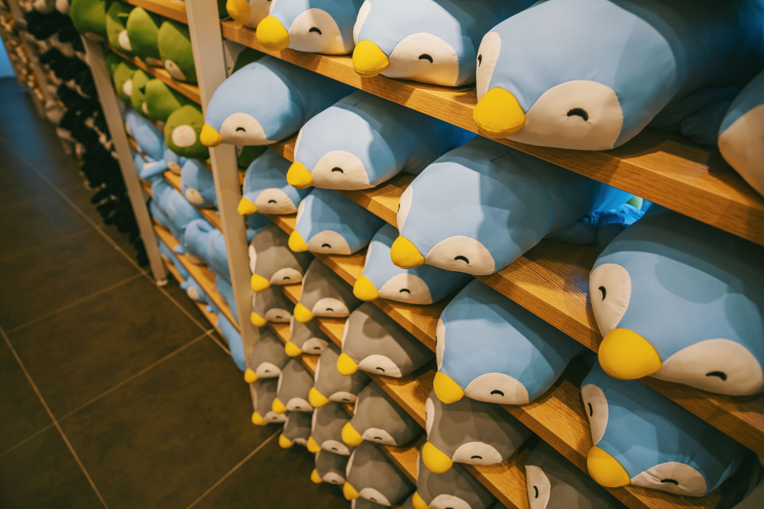 Colourful squishy toy plushies displayed on store shelves, supporting sensory play and hands-on learning for children.